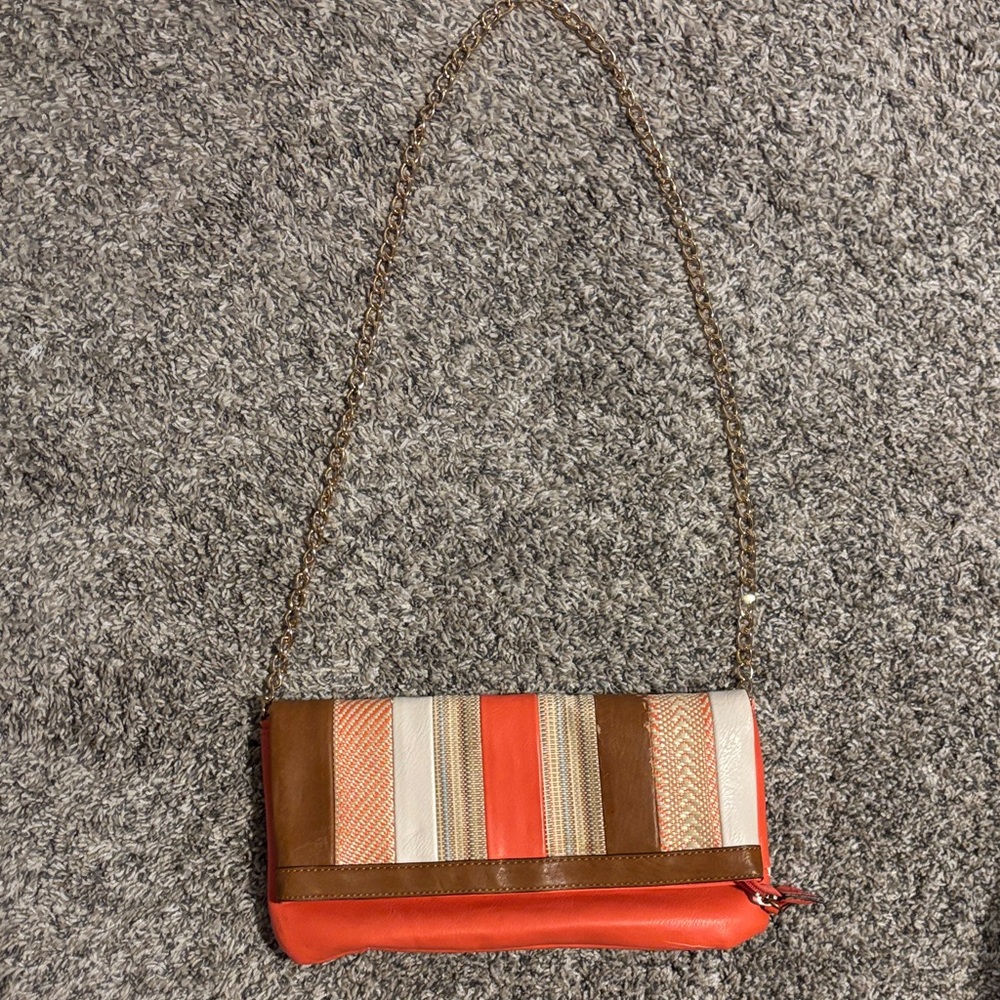 Aldo Coral and Brown Striped Clutch / Unique / Fold over / Good chain